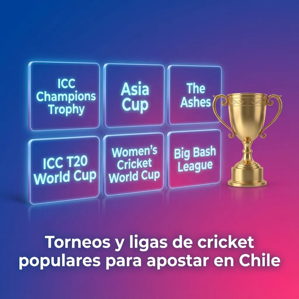 Banner de apuestas de cricket en Chile con logos de torneos ICC, T20, The Ashes y ligas internacionales