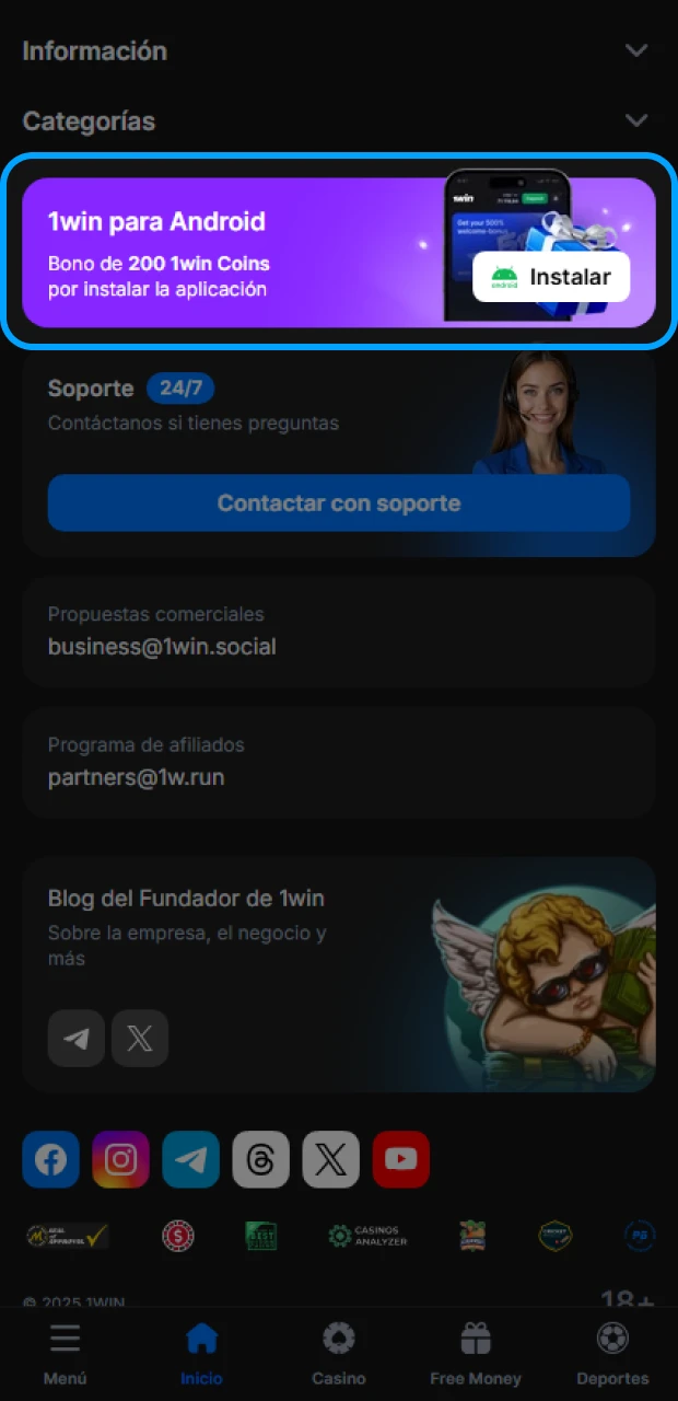 Encuentra la aplicación 1Win para Android para instalar.