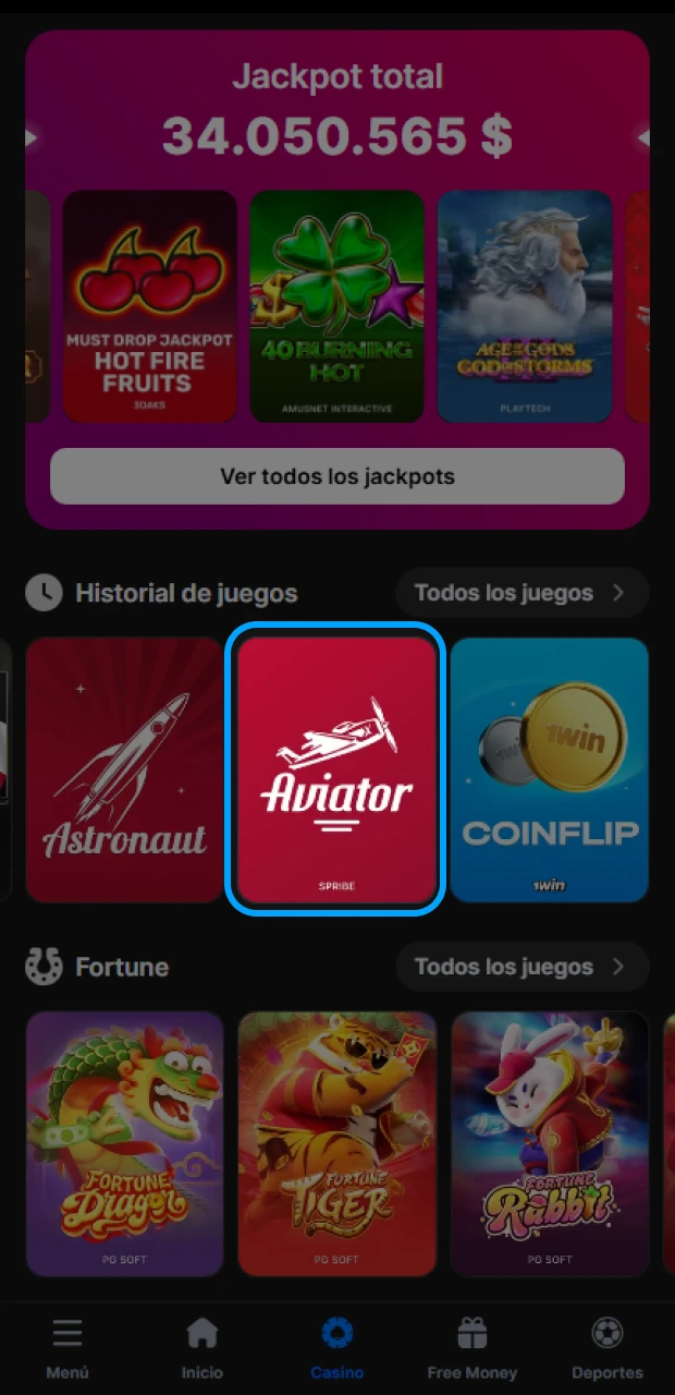 Encuentra el juego Aviator en la web de 1Win.