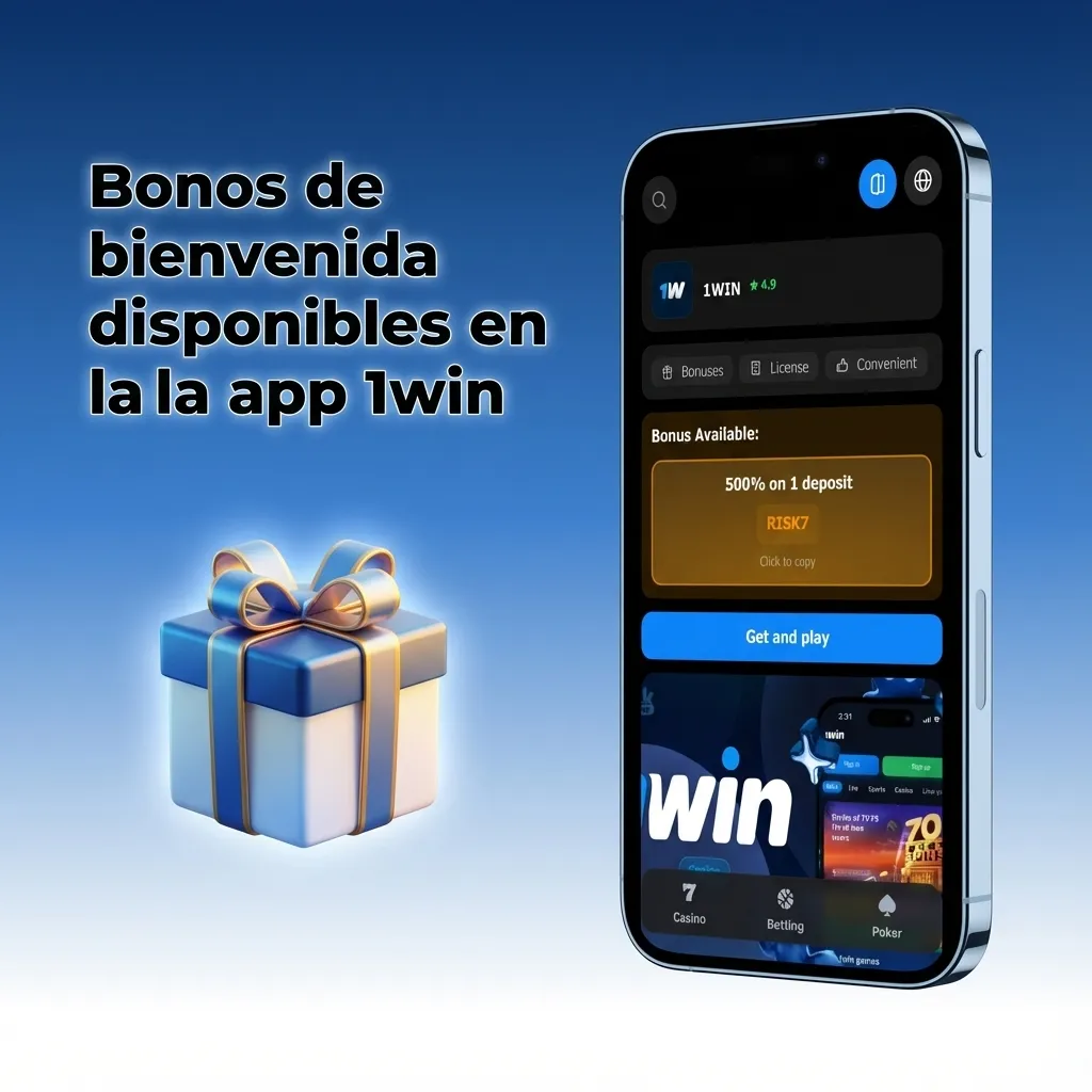 Pantalla de la app 1win mostrando bonos de bienvenida, giros gratis y porcentajes de depósito para nuevos usuarios de Chile
