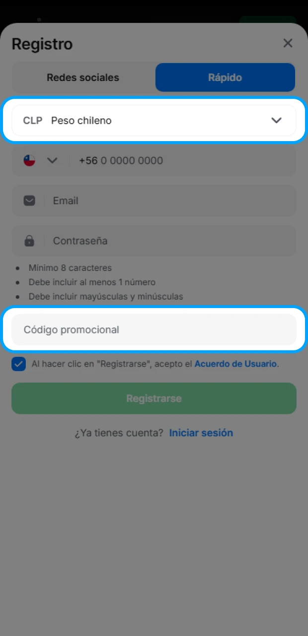 Selecciona la moneda e introduce el código promocional en el formulario de registro de 1Win.