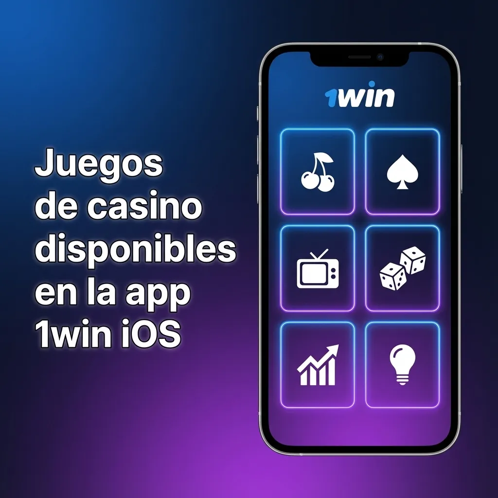 Pantalla de la app 1win iOS mostrando juegos de casino: tragamonedas, ruleta, blackjack, baccarat y casino en vivo