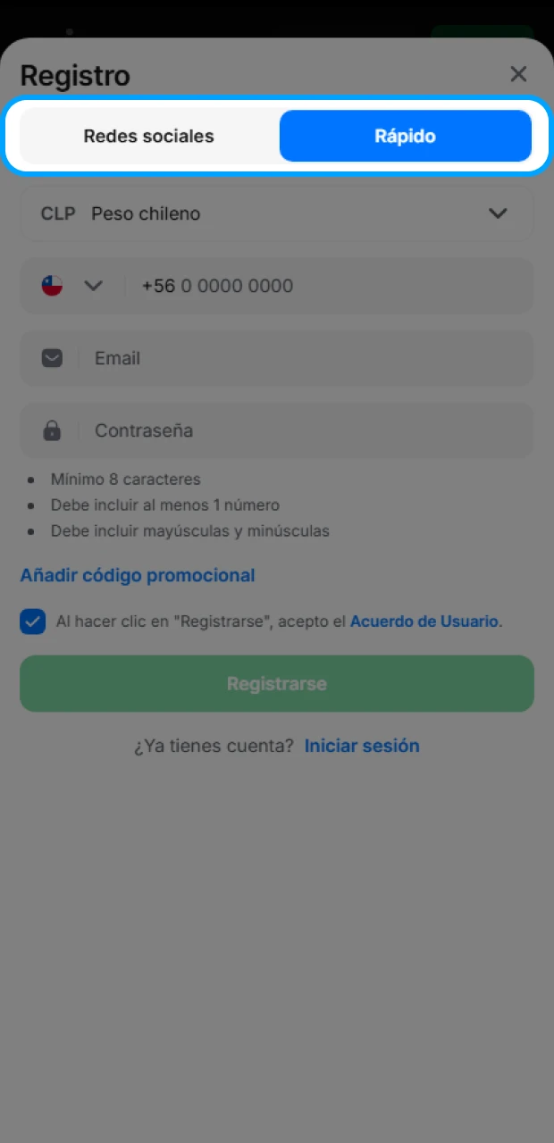 Elige una opción de registro que te resulte cómoda en el sitio web de 1Win.