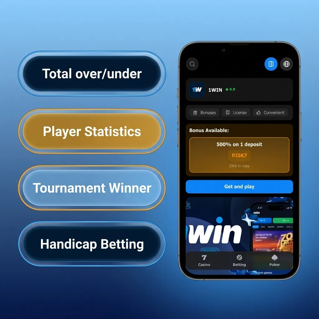 Pantalla de la app 1win mostrando opciones de apuesta simple, combinada, sistema, en vivo y con hándicap